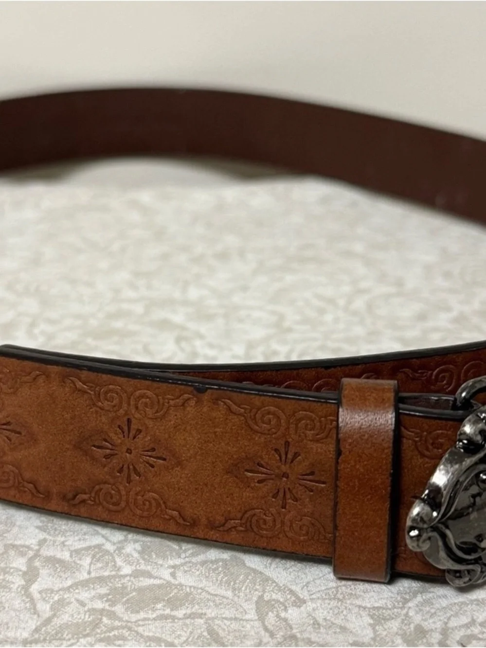 Western Tooled Brown Leather Belt with Ornate Silver Buckle
